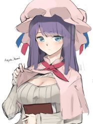 Rule 34 | 1girl, alternate costume, artist name, blue eyes, blush, book, bow, breasts, capelet, cleavage, colorized, hair bow, hat, hat bow, hayashi kewi, long hair, long sleeves, looking at viewer, medium breasts, meme attire, mob cap, open-chest sweater, patchouli knowledge, portrait, purple hair, ribbon, simple background, sketch, solo, sweater, touhou, upper body, very long hair, white background