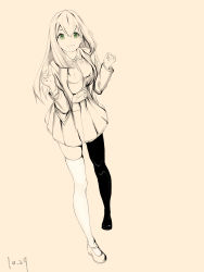 Rule 34 | 1girl, asymmetrical legwear, black pantyhose, blouse, buttons, dated, from above, full body, green eyes, hair between eyes, highres, jacket, long hair, looking at viewer, looking up, mary janes, mismatched legwear, monochrome, neck ribbon, original, pantyhose, parted lips, partially colored, pigeon-toed, pink background, pleated skirt, ribbon, shirt, shoes, single thighhigh, skirt, smile, solo, standing, thighhighs, w arms, white thighhighs, zettai ryouiki