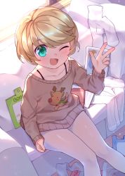 Rule 34 | 1boy, blonde hair, closers, collarbone, commentary request, couch, crossdressing, day, eyes visible through hair, green eyes, indoors, long sleeves, male focus, mistilteinn (closers), pantyhose, unworn pantyhose, short hair, sitting, solo, sweater, trap, tsubasa tsubasa, w, white pantyhose, window