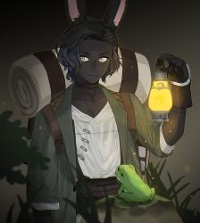 Rule 34 | 1boy, animal ears, arm at side, backpack, bag, black background, black gloves, black hair, brown background, brown choker, choker, coat, collarbone, dark-skinned male, dark skin, erenville, final fantasy, final fantasy xiv, frog, gg dal, gloves, gradient background, grass, green coat, hand up, holding, holding lantern, lantern, leaf, light particles, looking to the side, male focus, moss, orange outline, outdoors, rabbit ears, rock, shirt, short hair, sideways glance, simple background, smile, solo, two-tone background, upper body, viera, wavy hair, white shirt, yellow eyes