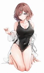 Rule 34 | 1girl, absurdres, barefoot, black one-piece swimsuit, brown hair, competition swimsuit, highres, higuchi madoka, idolmaster, idolmaster shiny colors, kneeling, looking at viewer, mole, mole under eye, one-piece swimsuit, purple eyes, robe, short hair, silver (chenwen), simple background, solo, sweater, swept bangs, swimsuit, white background, white robe