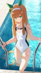 Rule 34 | 1girl, alternate costume, animal ears, blunt bangs, blush, closed mouth, covered navel, goggles, goggles around neck, groin, hair ornament, headband, highres, hime cut, horse ears, horse girl, horse tail, looking at viewer, ningen gokko, orange hair, pool, silence suzuka (umamusume), solo, swimsuit, tail, umamusume, wet