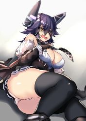 Rule 34 | 1girl, absurdres, ass, black gloves, blouse, blush, breasts, checkered clothes, checkered neckwear, cleavage, eyepatch, from behind, fur trim, gloves, hair between eyes, headgear, highres, kantai collection, kaorihero, large breasts, looking at viewer, lying, miniskirt, on side, open mouth, panties, pantyshot, partially fingerless gloves, pleated skirt, purple hair, school uniform, shirt, short hair, skindentation, skirt, solo, tenryuu (kancolle), tenryuu kai ni (kancolle), thighhighs, thighs, underwear, wavy mouth, white shirt, yellow eyes