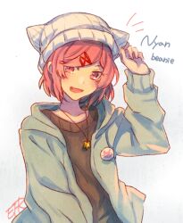 Rule 34 | 1girl, :d, adjusting clothes, adjusting headwear, animal ear headwear, animal ears, artist name, badge, black sweater, blush, bob cut, button badge, casual, cat ears, collarbone, commentary, doki doki literature club, english text, fake animal ears, green hoodie, green jacket, hair ornament, hair over one eye, hair ribbon, hand up, hood, hood down, hoodie, jacket, jewelry, long sleeves, looking at viewer, natsuki (doki doki literature club), necklace, notice lines, open mouth, pendant, pink eyes, pink hair, red ribbon, ribbed hat, ribbon, romaji text, short hair, signature, smile, solo, sora (efr), star (symbol), sweater, swept bangs, symbol-only commentary, upper body, white headwear, x hair ornament