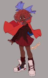 Rule 34 | 1girl, alternate skin color, artist name, blacktober, bow, cape, closed mouth, commentary, curly hair, dark-skinned female, dark skin, double dealing character, dress, english commentary, full body, grey background, hair bow, highres, long sleeves, looking at viewer, mercuriika, red eyes, red hair, sekibanki, shirt, short hair, simple background, skirt, solo, touhou