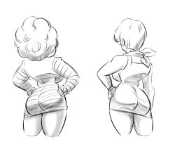 Rule 34 | 1girl, afro, ass, bulma, dragon ball, dragonball z, from behind, funsexydragonball, highres, huge ass, monochrome, standing, thighs