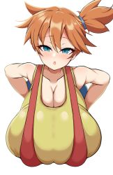 Rule 34 | 1girl, alternate breast size, aqua eyes, bare shoulders, blush, breasts, cleavage, creatures (company), detritus, game freak, gigantic breasts, highres, huge breasts, looking at viewer, misty (pokemon), nintendo, open mouth, orange hair, pokemon, pokemon (anime), pokemon (classic anime), shirt, side ponytail, simple background, solo, suspenders, upper body, yellow shirt