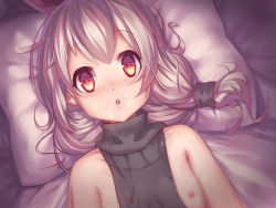 Rule 34 | 1girl, animal ears, aran sweater, backless outfit, bed sheet, benghuai xueyuan, breasts, brown eyes, cable knit, cum, cum on body, cum on breasts, cum on upper body, facial, fox ears, grey hair, halterneck, honkai (series), long hair, looking at viewer, lying, meme attire, naked sweater, nipples, on back, on bed, one breast out, open mouth, pillow, ribbed sweater, ruochongsang, small breasts, solo, sweater, theresa apocalypse, theresa apocalypse (sakuno rondo), turtleneck, turtleneck sweater, virgin killer sweater