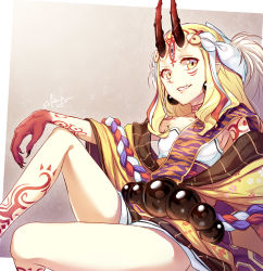 Rule 34 | 1girl, bad id, bad pixiv id, blonde hair, breasts, earrings, facial mark, fang, fate/grand order, fate (series), highres, horns, ibaraki douji (fate), japanese clothes, jewelry, kimono, long hair, looking at viewer, oni, oni horns, open mouth, pointy ears, small breasts, smile, solo, sora from france, tattoo, yellow eyes