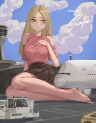 Rule 34 | 1boy, 1girl, absurdres, aircraft, airplane, bare legs, barefoot, blonde hair, breasts, closed mouth, clothing cutout, cloud, cloudy sky, dark skin, day, feet, giant, giantess, green eyes, hand on own chest, hand up, highres, legs, long hair, medium breasts, miniskirt, on ground, original, outdoors, parted bangs, pleated skirt, short sleeves, shoulder cutout, sitting, skirt, sky, solo focus, toenails, toes, twitter username, yokozuwari, yukiale