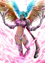 Rule 34 | 00s, 1girl, blue hair, breasts, claws, digimon, digimon (creature), digimon frontier, head wings, mask, midriff, navel, scarf, short hair, shutumon, solo, wings, winni