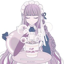 1girl apron artist_name black_dress blunt_bangs braid chopsticks closed_mouth cup_ramen danganronpa:_trigger_happy_havoc danganronpa_(series) dress facing_viewer food gloves hair_ribbon highres kirigiri_kyoko long_hair maid maid_apron maid_headdress official_alternate_costume plate ribbon satori_(aosky9077) simple_background solo white_apron white_background