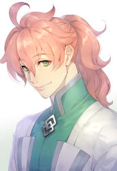 Rule 34 | 1boy, ahoge, chaldea logo, closed mouth, coat, fate/grand order, fate (series), green coat, green eyes, hair between eyes, highres, kin mokusei, long hair, looking at viewer, male focus, multicolored coat, orange hair, romani archaman, simple background, smile, solo, two-tone coat, upper body, white background, white coat