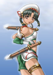 Rule 34 | 1041 (toshikazu), 1girl, :d, alternate costume, braid, brown eyes, dual wielding, green hair, hat, holding, looking at viewer, open mouth, smile, solo, soul calibur, soulcalibur iii, standing, talim, tonfa, twin braids, weapon