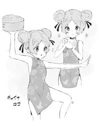 1girl :t absurdres arm_up armpits bamboo_steamer baozi blush breasts china_dress chinese_clothes cowboy_shot dot_nose double_bun dress eating flying_sweatdrops food greyscale hair_bun handa_roco highres holding_bamboo_steamer idolmaster idolmaster_million_live! idolmaster_million_live!_theater_days maverick_(muruchin) monochrome multiple_views open_mouth parted_bangs sidelocks sleeveless sleeveless_dress small_breasts solo standing standing_on_one_leg translation_request v-shaped_eyebrows