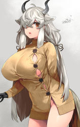 Rule 34 | 1girl, alternate costume, animal ear fluff, animal ears, arm behind back, black gloves, breasts, brown eyes, buttons, commentary request, cowboy shot, dated, dress, duplicate, extra ears, eyes visible through hair, gloves, grey background, hair over one eye, happa (cloverppd), highres, horns, huge breasts, kemono friends, long hair, long sleeves, looking at viewer, low twintails, no bra, no panties, no pants, ox ears, ox girl, ox horns, parted lips, side slit, signature, silver hair, simple background, solo, sweater, sweater dress, tail, turtleneck, turtleneck dress, turtleneck sweater, twintails, very long hair, yak (kemono friends)