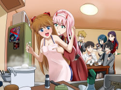 Rule 34 | 10s, 3boys, 4girls, alternate costume, apron, aqua eyes, arm rest, bare arms, bird, black hair, blonde hair, blue eyes, blue hair, blush, grabbing another&#039;s breast, breast poke, breasts, brown eyes, brown hair, chair, closed mouth, cooking, crossover, darling in the franxx, drink, drinking, glasses, grabbing, grabbing from behind, green eyes, grey jacket, grey uniform, hairpods, hands up, happy, head rest, highres, hiro (darling in the franxx), horns, ichigo (darling in the franxx), ikari shinji, indoors, jacket, katsuragi misato, kitchen, long hair, long sleeves, looking at another, looking down, medium breasts, mouth hold, multiple boys, multiple girls, neon genesis evangelion, open mouth, parted bangs, penguin, pink hair, poking, pot, purple hair, red horns, red jacket, shirt, short hair, short sleeves, sitting, smile, souryuu asuka langley, standing, table, uniform, white shirt, yellow eyes, yuri, zero two (darling in the franxx)