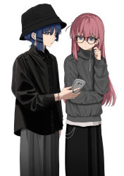 Rule 34 | 2girls, black-framed eyewear, black headwear, black shirt, black skirt, blue eyes, blue hair, bocchi the rock!, bracelet, cellphone, chain, closed mouth, collared shirt, cube hair ornament, earrings, glasses, gotoh hitori, grey skirt, grey sweater, hair between eyes, hair ornament, hairclip, highres, holding, holding phone, ibuki (ibuki0118), jewelry, long hair, long skirt, long sleeves, looking at phone, multiple girls, multiple rings, one side up, parted lips, phone, pink hair, ring, shirt, short hair, simple background, skirt, smartphone, sweater, untucked shirt, white background, wireless earphones, yamada ryo, yellow eyes