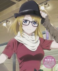 Rule 34 | 10s, 1girl, absurdres, ayase eli, bespectacled, blonde hair, blue eyes, character name, detached sleeves, glasses, hand on headwear, hat, highres, long hair, love live!, love live! school idol festival, love live! school idol project, murota yuuhei, non-web source, official art, scarf, smile, solo