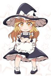 Rule 34 | 1girl, apron, black dress, blonde hair, blush, bow, chibi, crossed arms, dress, full body, hair bow, hair ribbon, hat, highres, kirisame marisa, legs apart, long hair, looking at viewer, pigeon-toed, puffy short sleeves, puffy sleeves, ribbon, rokugou daisuke, short sleeves, simple background, smile, solo, star (symbol), starry background, touhou, tress ribbon, turtleneck, v-shaped eyebrows, white background, white bow, witch hat, yellow eyes