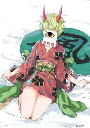 Rule 34 | 1girl, absurdres, artist name, bao huang, bare legs, bed sheet, blonde hair, bow, cyborg, flat chest, floral print, full body, green bow, highres, horns, japanese clothes, kimono, leaning back, legs together, looking at viewer, lying, mask, on back, one piece, oni, qqqbb (pixiv2905012), reclining, red horns, red kimono, seiza, short hair, sitting, solo, traditional clothes, white background