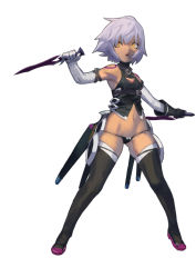 Rule 34 | 1girl, arm strap, bandaged arm, bandages, bare shoulders, black gloves, black panties, black thighhighs, boots, breasts, cleavage, cleavage cutout, clothing cutout, dagger, eric ueda, fate/grand order, fate (series), gloves, grey background, grey hair, highres, holding, holding dagger, holding knife, holding weapon, jack the ripper (fate/apocrypha), knife, navel, open mouth, panties, purple footwear, reverse grip, scar, scar across eye, scar on face, short hair, shoulder tattoo, simple background, single glove, skindentation, solo, standing, tattoo, teeth, thigh boots, thighhighs, underwear, upper teeth only, weapon, yellow eyes