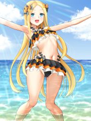 Rule 34 | 1girl, abigail williams (emerald float) (fate), abigail williams (fate), absurdres, bare shoulders, bikini, black bikini, black bow, black skirt, blonde hair, blue eyes, blush, bow, breasts, collarbone, emerald float, fate/grand order, fate (series), forehead, frilled bikini, frills, highres, huge filesize, long hair, looking at viewer, manu lee, microskirt, multiple bows, navel, ocean, official alternate costume, open mouth, orange bow, parted bangs, polka dot, polka dot bow, sidelocks, skirt, small breasts, smile, solo, swimsuit, thighs