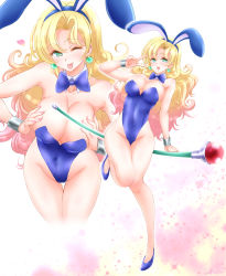 Rule 34 | 1girl, animal ears, ayumu (ayumumkrg), bare legs, blonde hair, blue bow, blue bowtie, blue footwear, blue leotard, bow, bowtie, breasts, cleavage, cowboy shot, detached collar, dragon quest, dragon quest iii, earrings, fake animal ears, full body, green eyes, high heels, highleg, highleg leotard, highres, jester (dq3), jewelry, large breasts, leaning forward, leotard, long hair, looking at viewer, pantyhose, playboy bunny, rabbit ears, rabbit tail, solo, sparkle background, staff, strapless, strapless leotard, tail, tongue, tongue out, white background, wrist cuffs