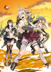 Rule 34 | 10s, 2016, 3girls, adjusting eyewear, ahoge, aircraft catapult, artist name, asashimo (kancolle), black hair, blue eyes, blue hair, boots, bow, bowtie, cannon, enemy aircraft (kancolle), fujikawa, glasses, grey hair, hair between eyes, hair over one eye, hairband, highres, kantai collection, kiyoshimo (kancolle), lace, lace-trimmed legwear, lace trim, long hair, multicolored hair, multiple girls, non-web source, official art, one eye closed, ooyodo (kancolle), pout, radio antenna, semi-rimless eyewear, sharp teeth, tears, teeth, thighhighs, torn clothes, torpedo, turret, under-rim eyewear, underwear, very long hair, water, wavy mouth