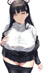 Rule 34 | 1girl, absurdres, black hair, black skirt, blue archive, breasts, closed mouth, hair ornament, halo, highres, large breasts, long hair, long sleeves, looking at viewer, miniskirt, namazu (yamasonson), pink eyes, pleated skirt, rio (blue archive), shirt, simple background, skirt, smile, solo, thighs, white background, white shirt