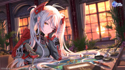 Rule 34 | 1girl, ahoge, alcohol, azur lane, book, breasts, buttons, closed mouth, commentary, compass, copyright notice, copyright request, cup, curtains, desk, double-breasted, drinking glass, elbow rest, english commentary, gloves, grey gloves, hair ornament, head rest, highres, indoors, iron blood (emblem), jacket, long hair, looking at viewer, map, medium breasts, military, military jacket, military uniform, mole, mole on breast, official art, one eye closed, orange eyes, pen, pinakes, plant, prinz eugen (azur lane), silver hair, smile, solo, sunset, twintails, uniform, window, wine, wine glass