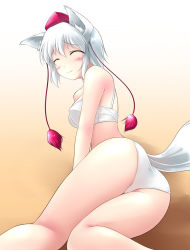 Rule 34 | 1girl, animal ears, arm support, ass, blush, bra, closed eyes, female focus, gisyo, hat, inubashiri momiji, lingerie, looking back, lying, panties, short hair, silver hair, smile, solo, tail, tokin hat, touhou, underwear, underwear only, wolf ears, wolf tail