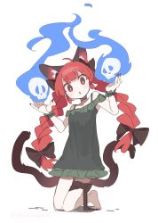 Rule 34 | 1girl, ahoge, aida (aidia), animal ear fluff, animal ears, barefoot, bow, braid, cat ears, cat tail, choker, dress, extra ears, fingernails, ghost, green dress, highres, hitodama, holding, holding skull, kaenbyou rin, leg ribbon, long hair, looking at viewer, multiple tails, nail polish, one-hour drawing challenge, open mouth, red eyes, red hair, ribbon, sharp fingernails, short dress, skull, slit pupils, solo, tail, touhou, twin braids, two tails, very long hair, white background