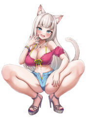 Rule 34 | 1girl, absurdres, animal ears, ass, bare legs, bare shoulders, bikini, bikini under clothes, black footwear, blue eyes, blue shorts, bracelet, breasts, cat ears, cat girl, cat tail, cleavage, crop top, denim, denim shorts, fang, frilled shirt, frills, hand up, high heels, highres, jewelry, large breasts, long hair, looking at viewer, micro shorts, midriff, nail polish, navel, necklace, off-shoulder shirt, off shoulder, official art, open fly, open mouth, original, red nails, red shirt, sahara1127, sandals, shirt, shorts, simple background, smile, solo, spaghetti strap, spread legs, squatting, stomach, string bikini, swimsuit, tail, thighs, toenail polish, toenails, very long hair, white background, white hair, yellow bikini