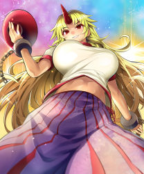 Rule 34 | 1girl, blonde hair, blue background, breasts, chain, commentary request, cuffs, cup, glint, gradient background, hand up, highres, holding, horns, hoshiguma yuugi, large breasts, long hair, looking at viewer, midriff, perspective, pink background, purple skirt, red eyes, sakazuki, shirt, short sleeves, single horn, skirt, smile, solo, star (symbol), touhou, umigarasu (kitsune1963), white shirt, yellow background