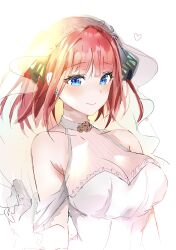 Rule 34 | 1girl, absurdres, alternate costume, black ribbon, blue eyes, blunt bangs, breasts, bridal veil, butterfly hair ornament, cleavage, commentary request, dress, earrings, elbow gloves, gloves, go-toubun no hanayome, hair ornament, hair ribbon, heart, highres, jewelry, large breasts, looking at viewer, nakano nino, pink hair, ribbon, see-through, see-through cleavage, short hair, simple background, smile, solo, stud earrings, suimo (suimodayo), two side up, veil, wedding dress, white dress, white gloves