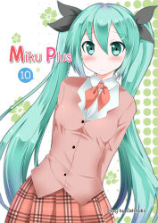 Rule 34 | 1girl, :&lt;, alternate costume, arms behind back, blush, breasts, catstudioinc (punepuni), checkered clothes, checkered skirt, cover, cover page, food-themed hair ornament, green eyes, green hair, hair ornament, hair ribbon, hairclip, hatsune miku, jacket, long hair, long sleeves, looking at viewer, matching hair/eyes, neckerchief, ribbon, school uniform, shirt, skirt, solo, spring onion, twintails, very long hair, vocaloid