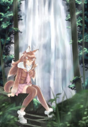 Rule 34 | 10s, 1girl, animal ears, breasts, brown hair, brown thighhighs, commentary request, forest, fur collar, gradient hair, highres, japanese wolf (kemono friends), kemono friends, long hair, looking at viewer, multicolored hair, nature, necktie, pleated skirt, sarada doraivu, sitting, skirt, solo, tail, thighhighs, water, waterfall, wolf ears, wolf tail, yellow eyes