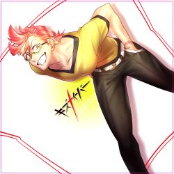 Rule 34 | 1boy, ahoge, belt, black pants, brown eyes, copyright name, dutch angle, glasses, grin, hands in pockets, kiznaiver, kyori000, leaning forward, looking at viewer, male focus, pants, pink hair, shirt, short sleeves, simple background, smile, solo, tenga hajime, white background, yellow-framed eyewear, yellow shirt