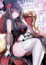 Rule 34 | 1girl, animal, animal on lap, bare shoulders, black dress, black hair, breasts, cat, china dress, chinese clothes, cleavage, dress, flower, gloves, gold trim, hair flower, hair ornament, long hair, mafuyu (kanden shoujyo), medium breasts, no panties, on lap, original, pelvic curtain, see-through, see-through cleavage, shawl, side slit, sitting, sketch, sleeveless, sleeveless dress, solo, thighhighs, thighs, white gloves, white thighhighs