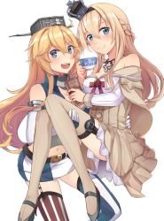 Rule 34 | 10s, 2girls, ahoge, asymmetrical legwear, bare shoulders, belt, belt buckle, black belt, black footwear, black headband, blonde hair, blue eyes, blush, braid, breasts, brown dress, brown legwear, buckle, carrying, cleavage, closed mouth, cold stone creamery, collar, collarbone, commentary, crown, cup, dress, drink, drinking straw, elbow gloves, french braid, full body, garter straps, gloves, hair between eyes, hair ornament, hat, headband, highres, ido (teketeke), iowa (kancolle), jewelry, kantai collection, large breasts, long hair, long sleeves, looking at viewer, medium breasts, midriff, mini crown, mismatched legwear, multiple girls, navel, necklace, open mouth, princess carry, shoes, simple background, skirt, star-shaped pupils, star (symbol), striped clothes, striped legwear, striped thighhighs, symbol-shaped pupils, tea, teacup, thighhighs, upper body, vertical-striped clothes, vertical-striped thighhighs, warspite (kancolle), white background, white dress, white gloves