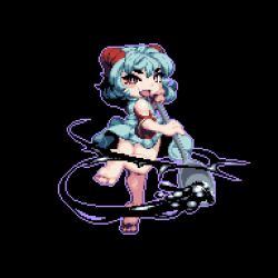 Rule 34 | 1girl, barefoot, black background, commentary request, crude oil, detached sleeves, dress, fang, full body, grey dress, grey hair, highres, holding, holding spoon, horns, looking at viewer, looking back, medium bangs, open mouth, oversized object, pixel art, purple outline, red eyes, red horns, red sleeves, sheep horns, short dress, short hair, simple background, smile, soles, solo, spoon, tonchamon san, touhou, toutetsu yuuma