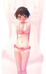 Rule 34 | 1girl, angry, aposine, arms behind back, bare shoulders, bikini, black hair, blush, bow, breasts, brown eyes, closed mouth, collarbone, dark-skinned female, dark skin, embarrassed, female focus, frilled bikini, frills, full-face blush, gluteal fold, half-closed eyes, heart, highres, jewelry, looking at viewer, medium breasts, navel, necklace, nose blush, one-piece tan, original, pink bikini, pink bow, short hair, solo, standing, straight-on, swimsuit, tan, tanline, thigh gap, tomboy, underboob, venus symbol, zoom layer