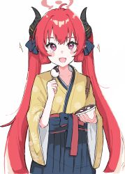 Rule 34 | 1girl, bad id, bad twitter id, blue archive, blush stickers, food, hakama, hakama skirt, halo, haruharu sensei, highres, holding, holding food, horns, japanese clothes, junko (blue archive), junko (new year) (blue archive), kimono, long hair, long sleeves, looking at viewer, open mouth, purple eyes, red hair, simple background, skirt, smile, solo, twintails, very long hair, white background, wide sleeves, yellow kimono