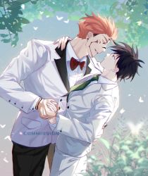 Rule 34 | 2boys, black hair, black nails, black pants, bow, bowtie, couple, extra eyes, facial tattoo, formal, fushiguro megumi, green necktie, highres, holding hands, husband and husband, interlocked fingers, jacket, jewelry, jujutsu kaisen, looking at another, male focus, multiple boys, nail polish, necktie, outdoors, pants, qq793806975, red eyes, ring, ryoumen sukuna (jujutsu kaisen), shirt, short hair, spiked hair, tattoo, wedding ring, white jacket, white pants, white shirt, yaoi