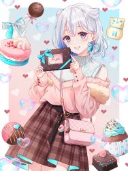 Rule 34 | 1girl, blue nails, blush, border, box, box of chocolates, brown skirt, cake, chocolate, copyright request, food, gift, grey hair, hair between eyes, heart, highres, holding, holding box, looking at viewer, official art, open mouth, original, pink sweater, plaid, plaid skirt, purple eyes, short hair, skirt, solo, sweater, tadano yukiko, valentine, virtual youtuber, white border