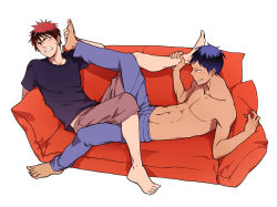 Rule 34 | 2boys, abi (agmra), aomine daiki, barefoot, blue hair, blush, clenched teeth, couch, dark-skinned male, dark skin, eye contact, feet, grin, kagami taiga, kuroko no basuke, leg grab, looking at another, lying, male focus, multiple boys, navel, no nipples, on back, pants, profile, red eyes, red hair, red upholstery, shirt, shorts, simple background, smile, sweat, t-shirt, teeth, toned, topless male, white background