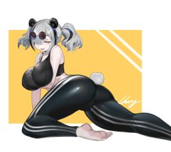 Rule 34 | 1girl, arknights, ass, ass focus, black hair, black leggings, black pants, black sports bra, breasts, brown eyes, chong (547342983), collarbone, fang, feater (arknights), grey hair, hair between eyes, hair over one eye, highres, kneeling, large breasts, leaning over, leggings, legs, midriff, multicolored hair, naughty face, open mouth, pants, round eyewear, shiny clothes, shiny legwear, smile, sports bra, sportswear, streaked hair, stretching, sunglasses, thighs, twintails, white background, yellow background, yellow theme, yoga pants