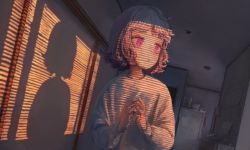 Rule 34 | 1girl, window blinds, calendar (object), commentary request, highres, indoors, magan0301, original, own hands together, parted lips, phone, pink eyes, pink hair, refrigerator, short hair, solo, sunlight, sunrise, sweater, twilight, upper body, white sweater