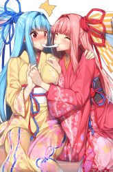 Rule 34 | 2girls, blue hair, blunt bangs, blush, bow, closed eyes, eating, food, full-face blush, hair bow, hair ribbon, hand on another&#039;s shoulder, highres, holding hands, imminent kiss, japanese clothes, kimono, kotonoha akane, kotonoha aoi, long hair, looking at another, mochi, multiple girls, obi, pink hair, ribbon, sash, siblings, sisters, sitting, surprised, voiceroid, white background, yappen, yuri